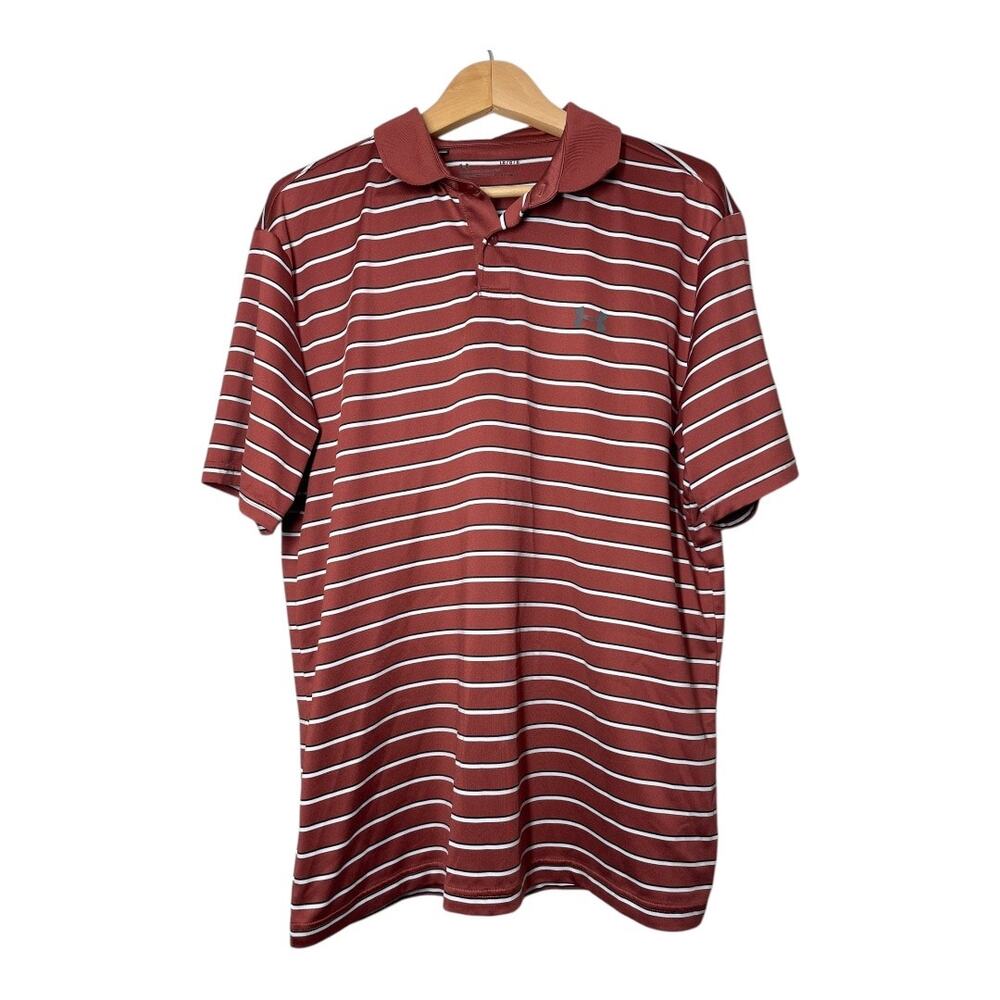 Under Armour Mens Golf Polo Shirt Striped Size Large Heatgear Loose Fit Cinnamon